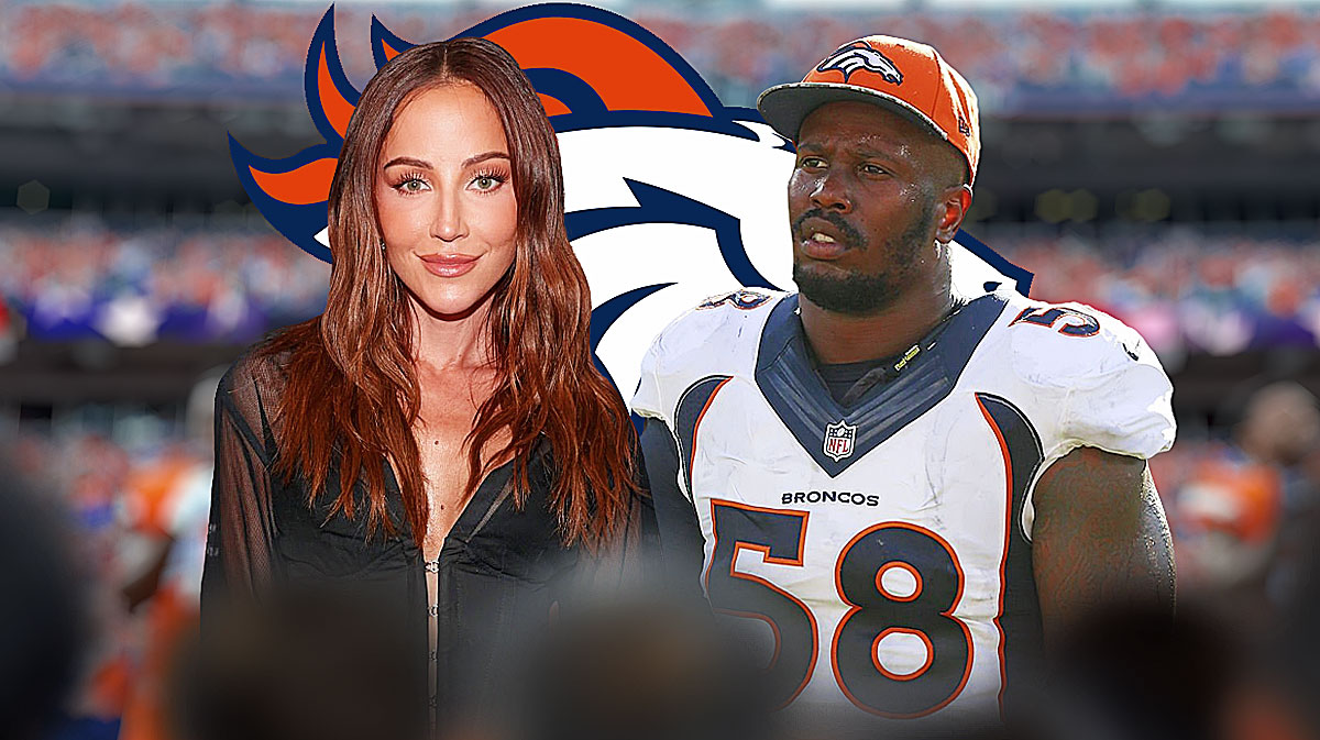 Broncos Von Miller with NFL host Kay Adams. Denver Broncos logo in background in free agency