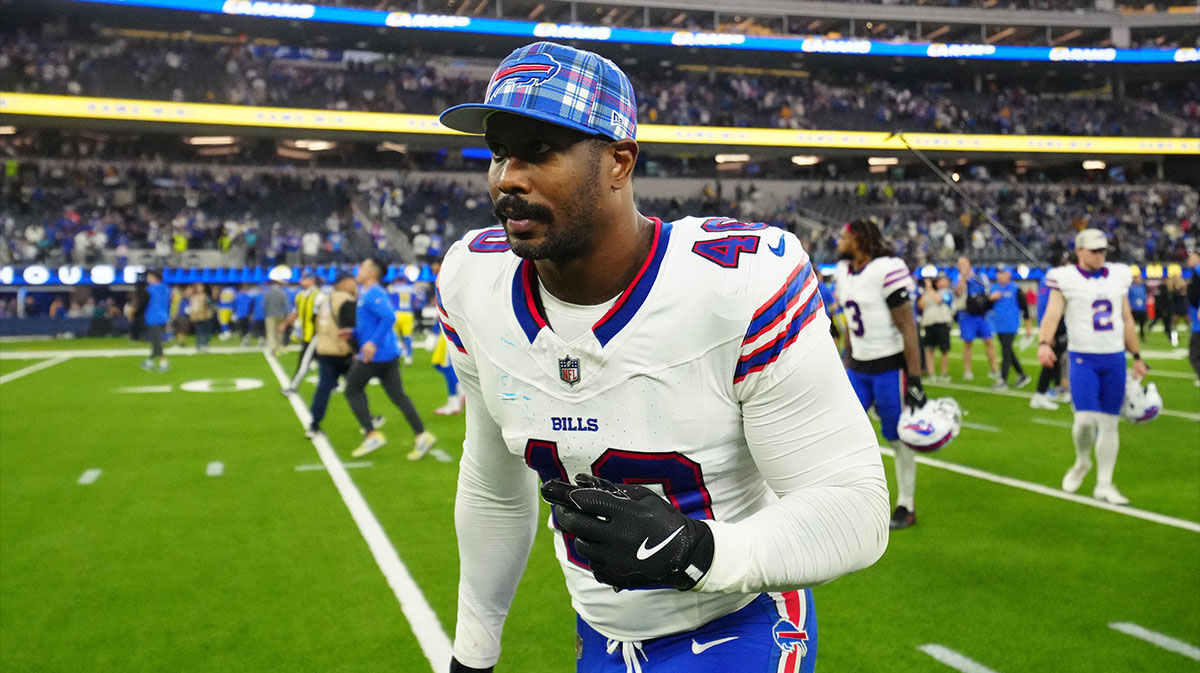 Dec 8, 2024; Inglewood, California, USA; Buffalo Bills linebacker Von Miller (40) leaves the field after the game against the Los Angeles Rams at SoFi Stadium. Mandatory Credit: Kirby Lee-Imagn Images