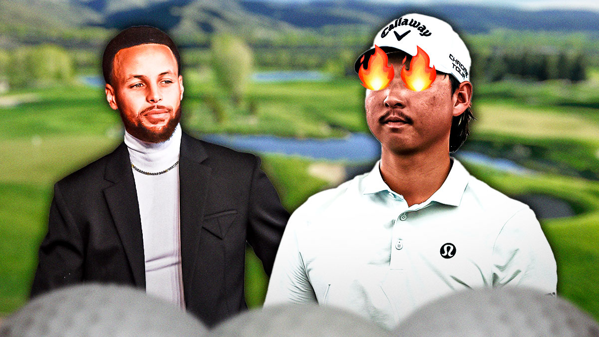 Steph Curry next to Min Woo Lee, with Lee having fire in his eyes and a golf course background