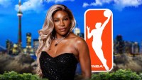 Women’s tennis player Serena Williams, with a basketball and the WNBA logo, with the city of Toronto, Canada as the background