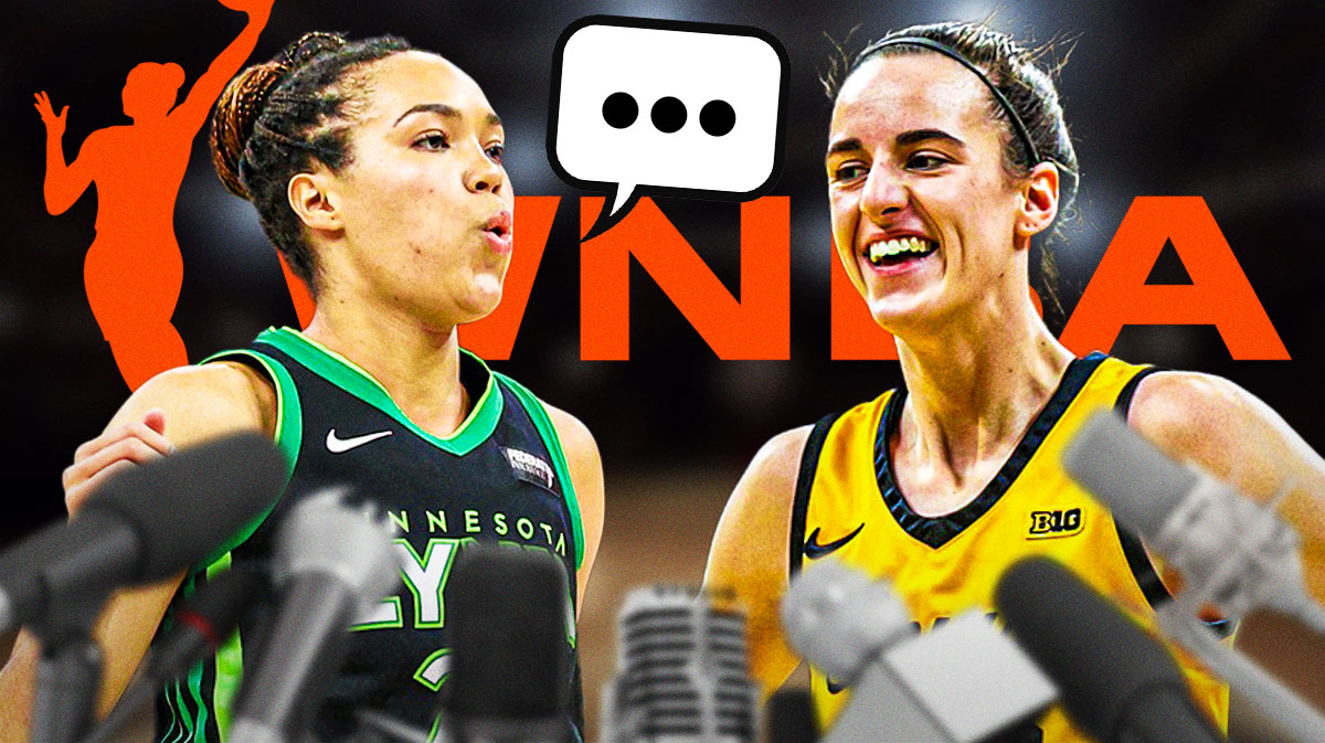 Napheesa Collier with a speech bubble that has the three dots emoji inside. She is next to Caitlin Clark. There is also a logo for the WNBA.