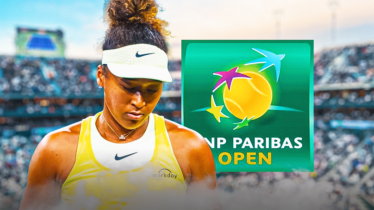 Naomi Osaka looking down BNP Paribas Open logo in the background.