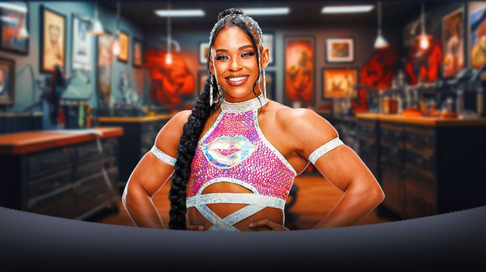 WWE Superstar Bianca Belair in a tattoo parlor.