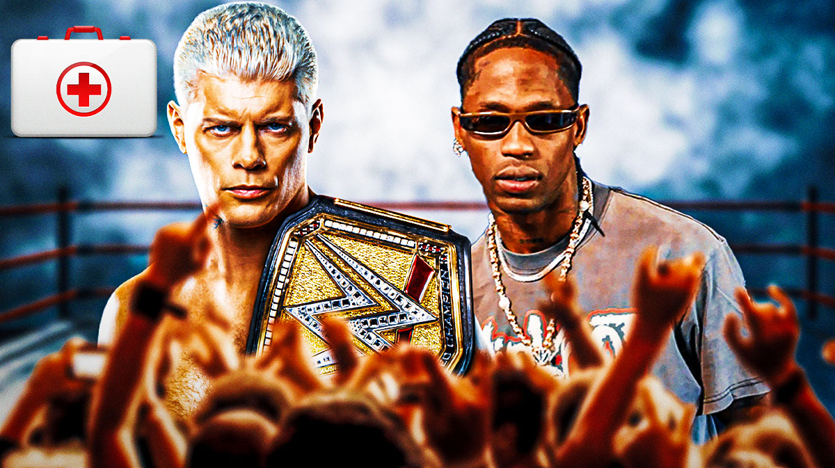 WWE Superstar Cody Rhodes, who suffered an injury at Elimination Chamber, with Travis Scott.