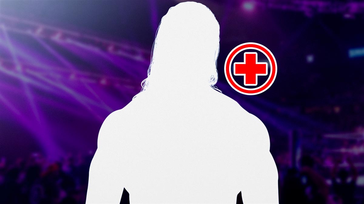 Silhouette of WWE star Drew McIntyre, who suffered an eye injury after they used 'real glass,' with medical plus logo.