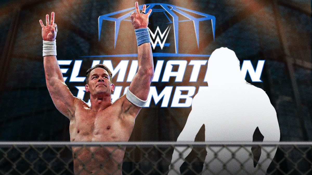 Elimination Chamber John Cena next to the blacked-out silhouette of Booker T in front of the Elimination Chamber logo