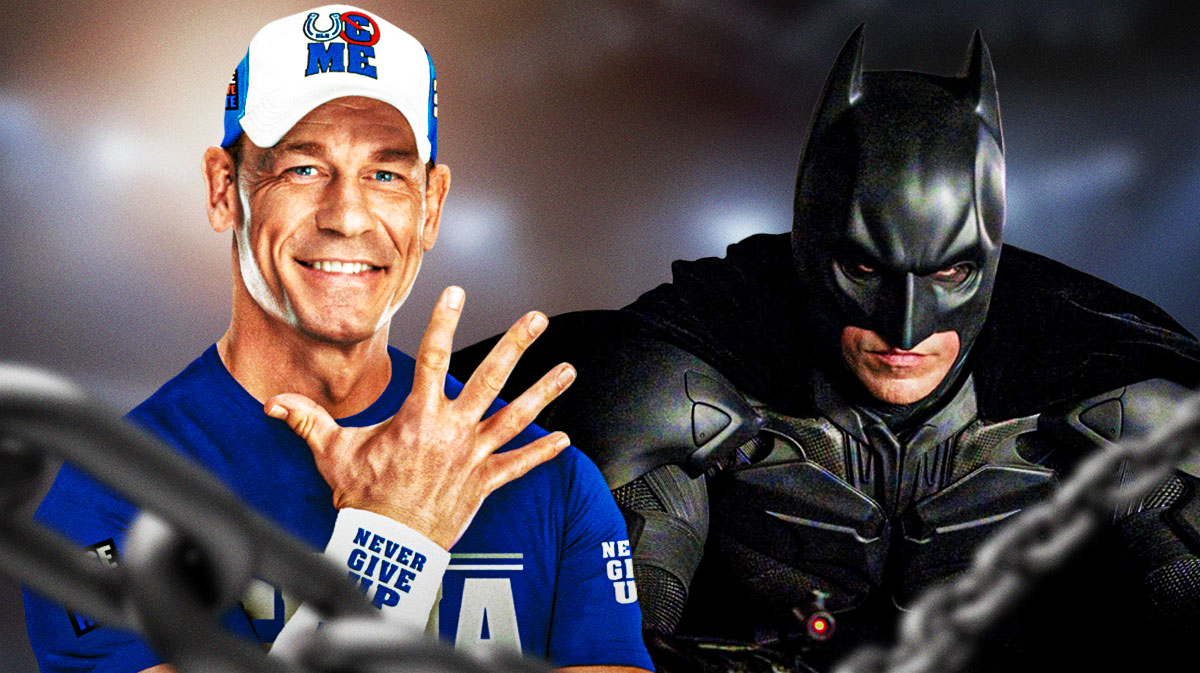 WWE Superstar John Cena, who made his heel turn at Elimination Chamber, next to Batman from The Dark Knight.