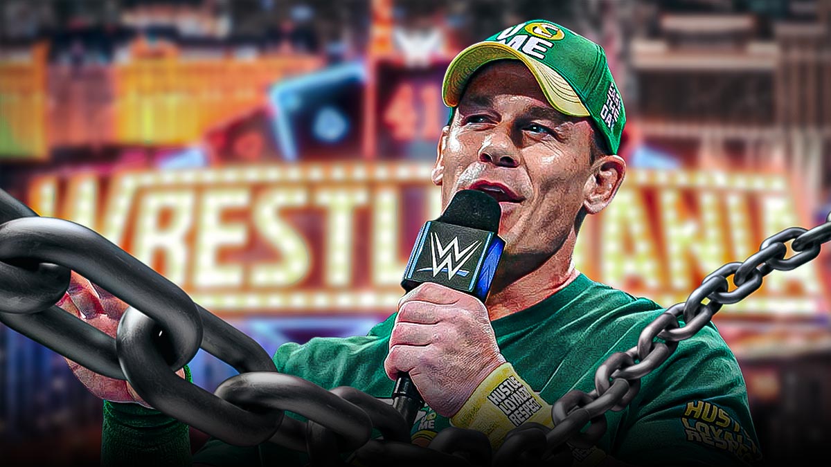 John Cena in front of the WrestleMania 41 logo