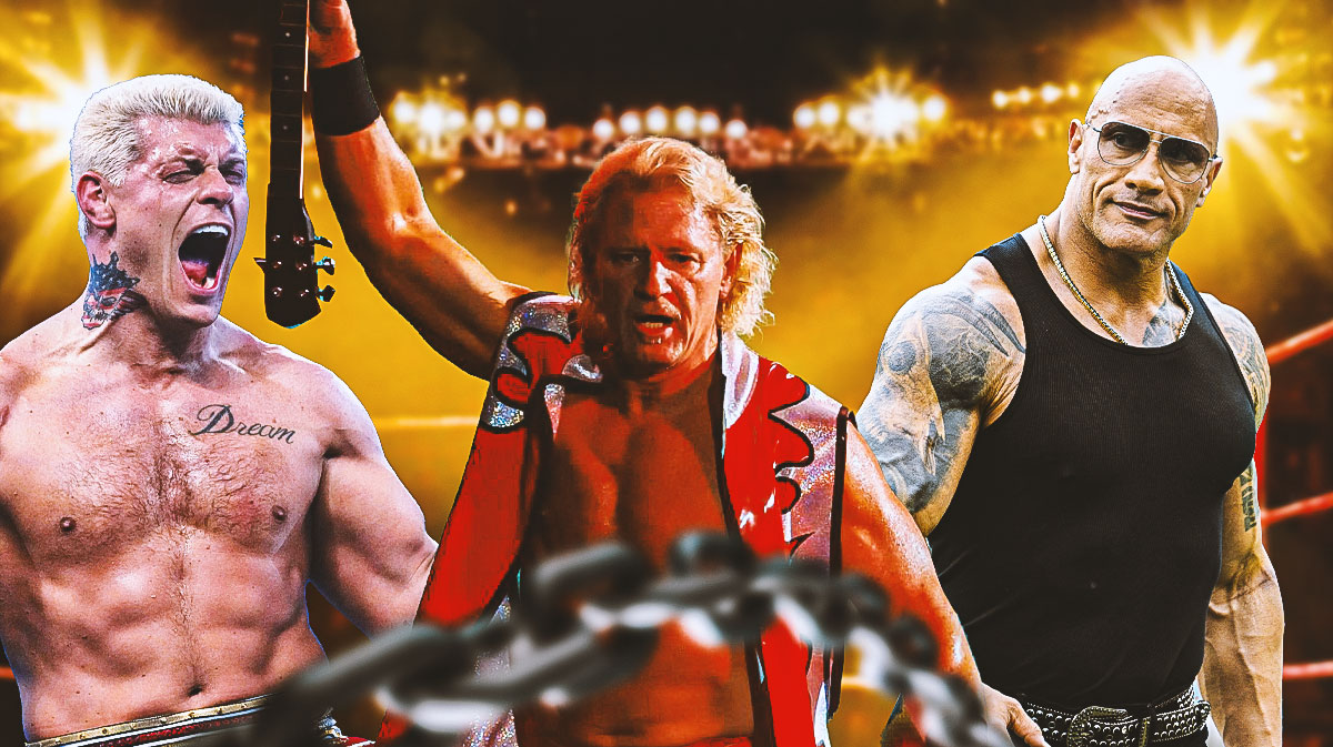 WWE legend Jeff Jarrett in between Cody Rhodes and Dwayne The Rock Johnson, who shared a moment at the 2025 Elimination Chamber PLE.