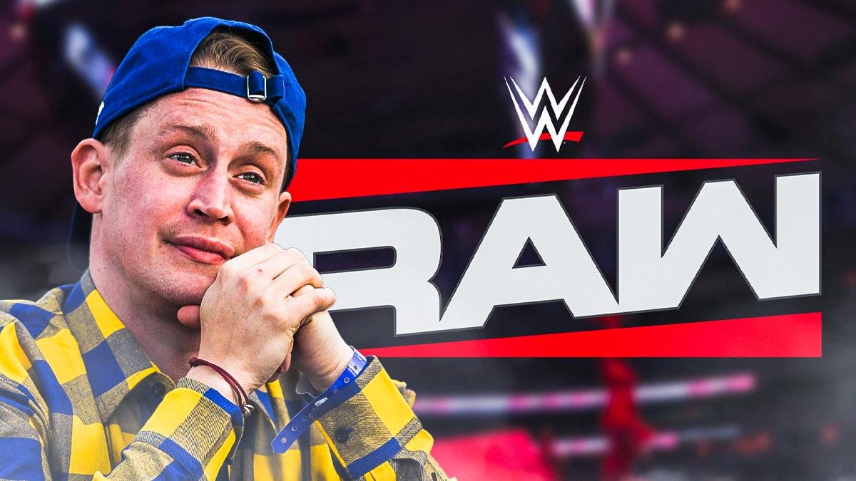 Macaulay Culkin with WWE Monday Night RAW on Netflix logo and Madison Square Garden background.