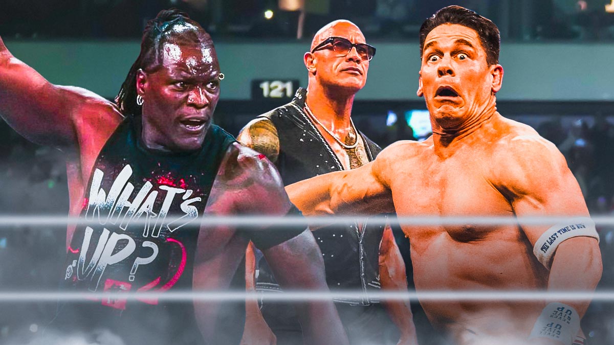 WWE Superstars R-Truth, Dwayne The Rock Johnson, and John Cena, whose heel turn went viral at Elimination Chamber.