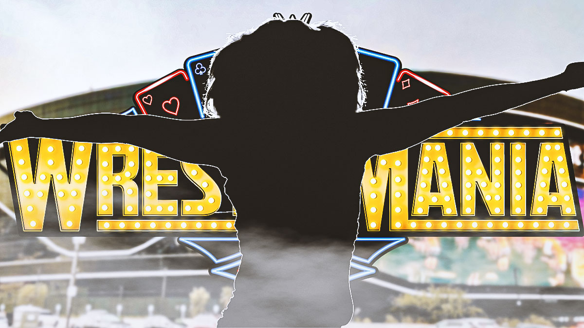 Silhouette of Alexa Bliss, who recently returned at the Royal Rumble, with WWE WrestleMania 41 logo, which she is rumored to miss, and Allegiant Stadium background.