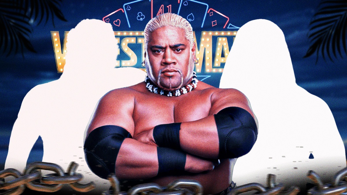 Rikishi with the blacked-out silhouette of Jacob Fatu on his left and the blacked-out silhouette of Solo Sikoa on his right with the WrestleMania 41 logo as the background.