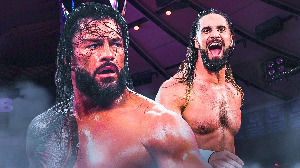WWE Superstars Roman Reigns and Seth Rollins, who fought on RAW on Netflix with CM Punk, with Madison Square Garden background.