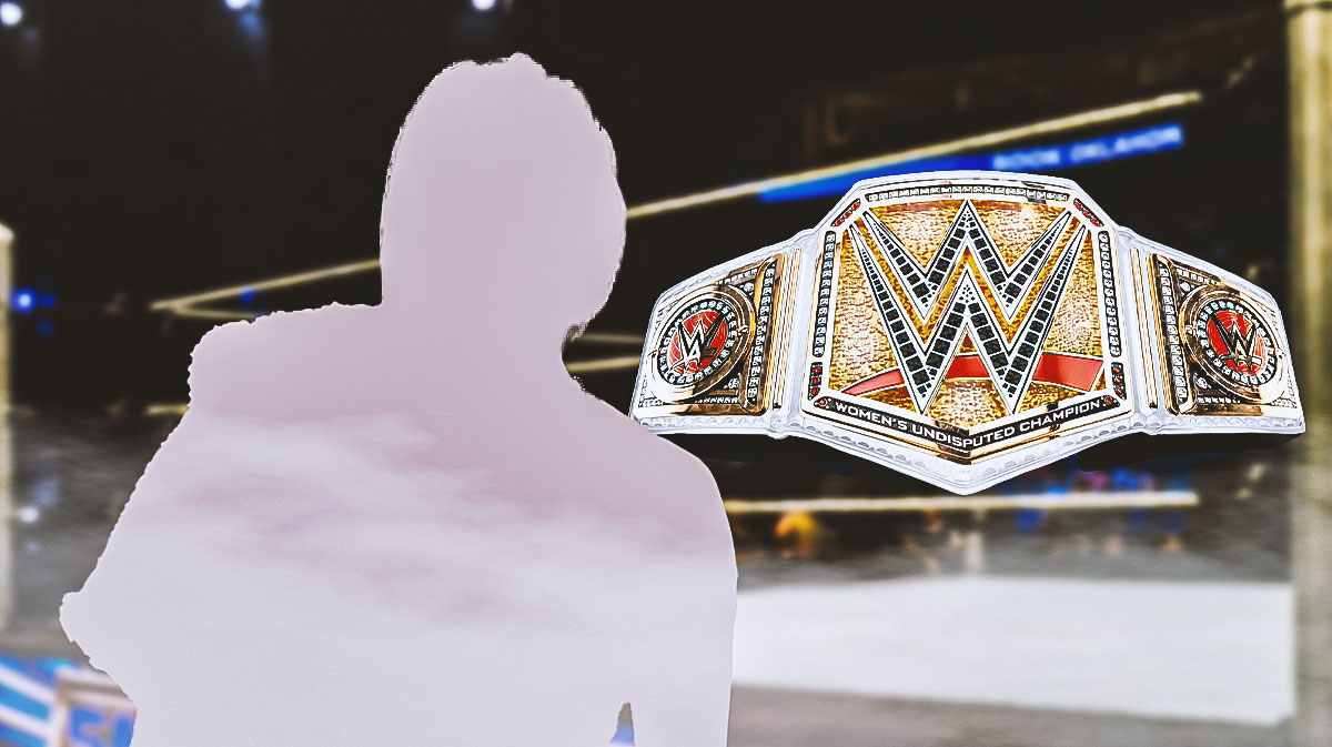 Silhouette of Iyo Sky next to the WWE Women's World Championship, which she won from Rhea Ripley on the March 3, 2025, edition of Monday Night RAW on Netflix before WrestleMania 41.