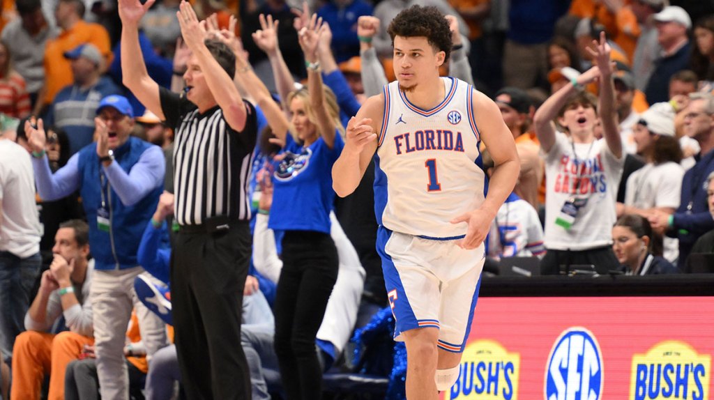 Florida Gators guard Walter Clayton Jr. (1) reacts after a play against the Tennessee Volunteers in the second half during the 2025 SEC Championship Game at Bridgestone Arena.