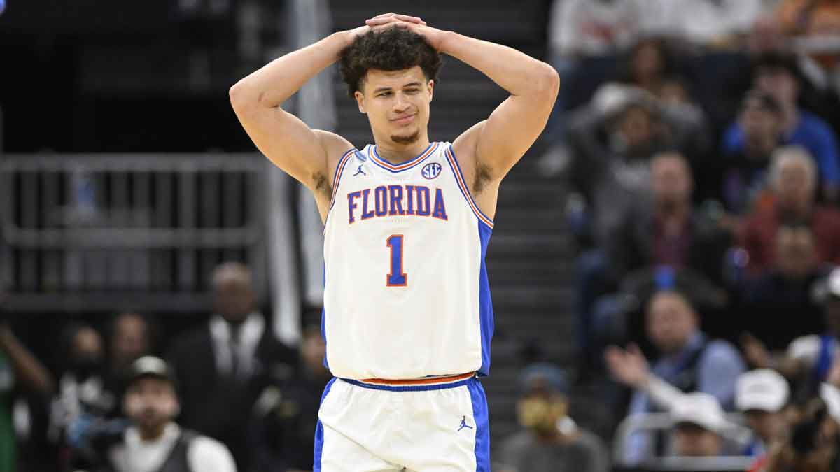 Florida Gators guard Walter Clayton Jr. (1) reacts during the first half against the Texas Tech Red Raiders during the West Regional final of the 2025 NCAA tournament at Chase Center. Mandatory Credit: Eakin Howard-Imagn Images
