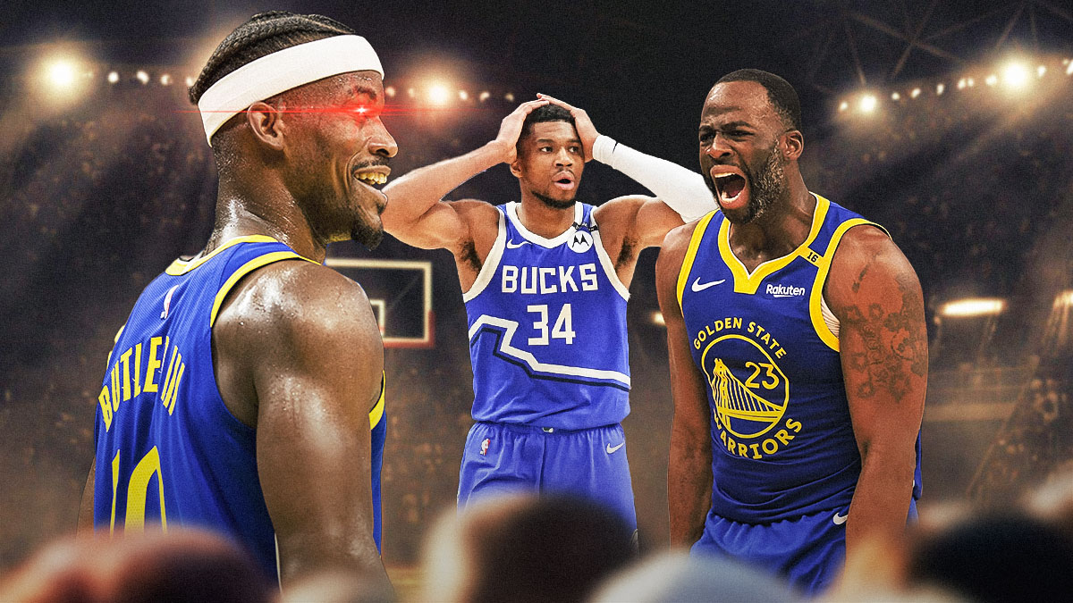 Jimmy Butler with a big smile and Homelander Red Eyes next to a sad Giannis Antetokounmpo, with Draymond Green screaming behind them.