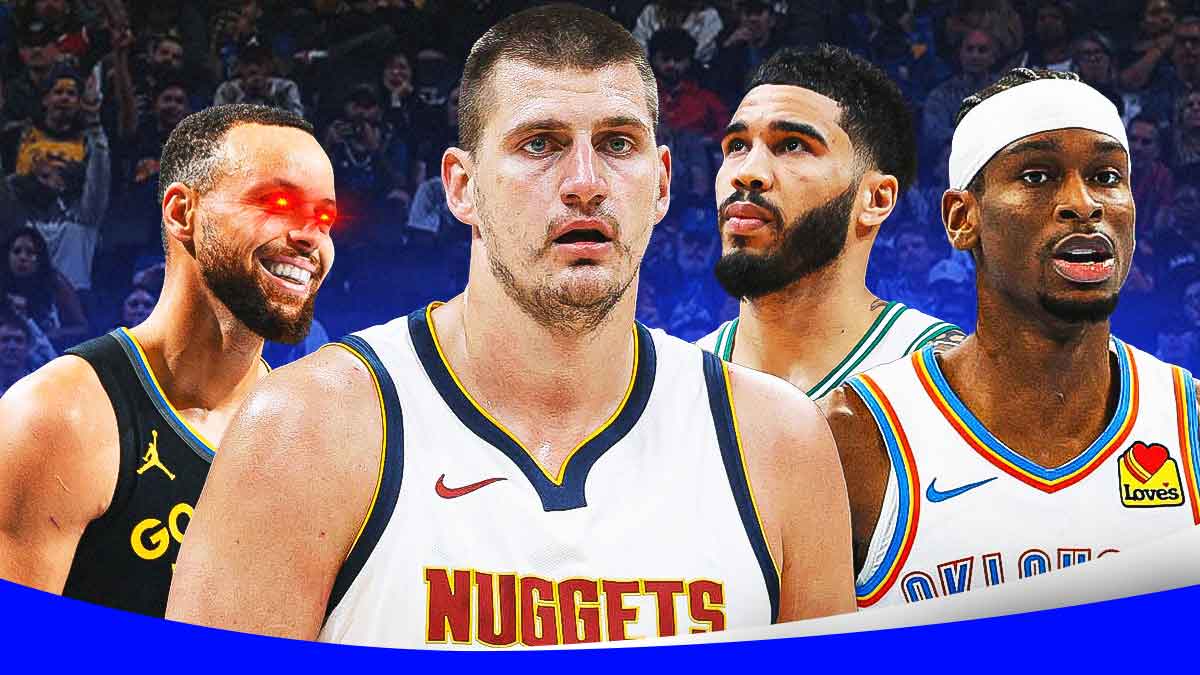 : Stephen Curry with glowing red eyes lurking over Nikola Jokic, Jayson Tatum, and Shai Gilgeous-Alexander