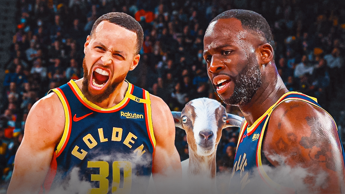 Warriors' Draymond Green and Stephen Curry hyped up, with a goat beside them