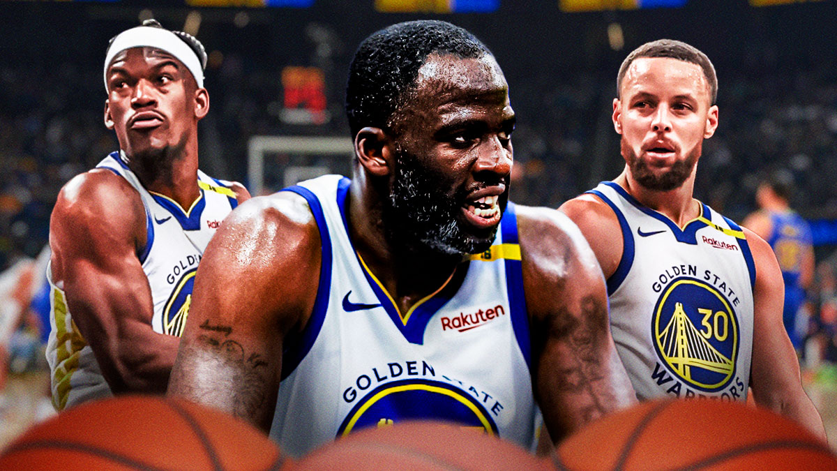 Golden State Warriors star Draymond Green in the middle with Stephen Curry and Jimmy Butler on either side in front of Chase Center.