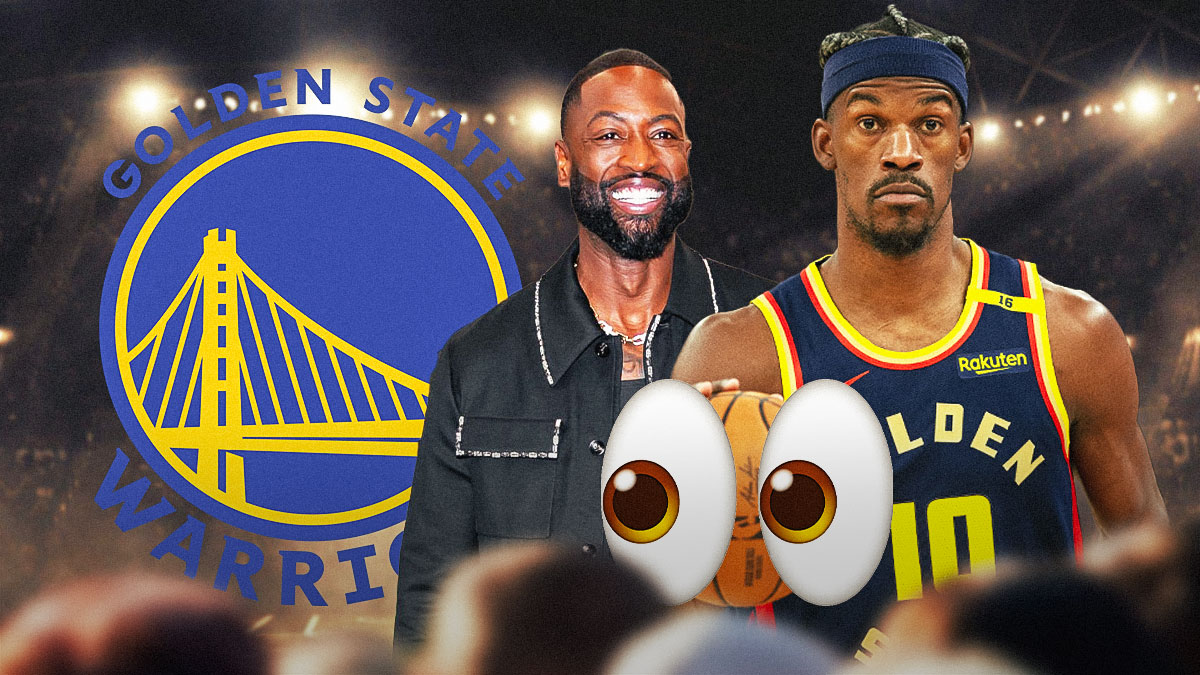 Dwyane Wade and Jimmy Butler, GS Warriors logo, eyes symbols