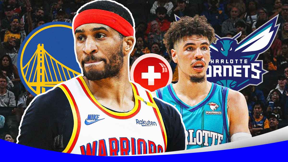 Gary Payton II, LaMelo ball, Golden State Warriors and Charlotte Hornets logos, injury symbols