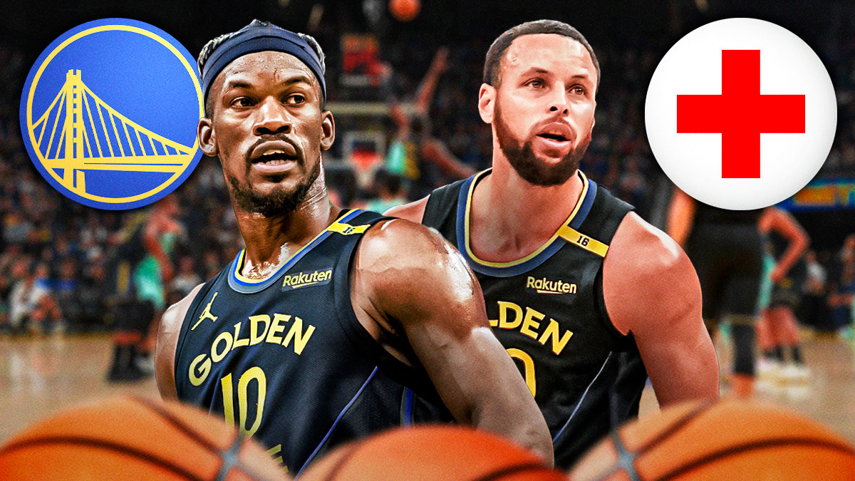 Warriors forward Jimmy Butler next to Warriors All-Star Stephen Curry with the Warriors logo and a health symbol in the background