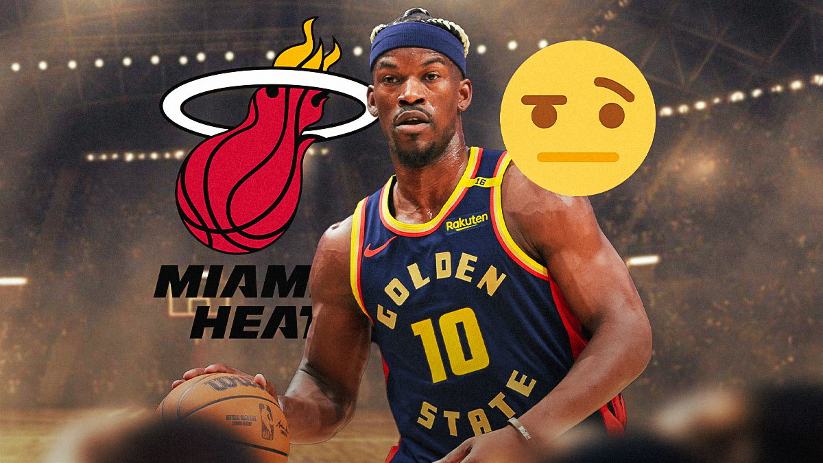 Warriors' Jimmy Butler looking serious, with poker face emoji beside him and Heat logo beside him