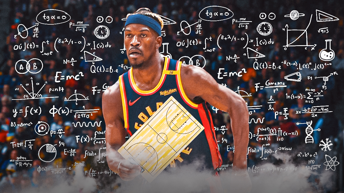 Warriors' Jimmy Butler holding a coach's clipboard, with math formula all over him