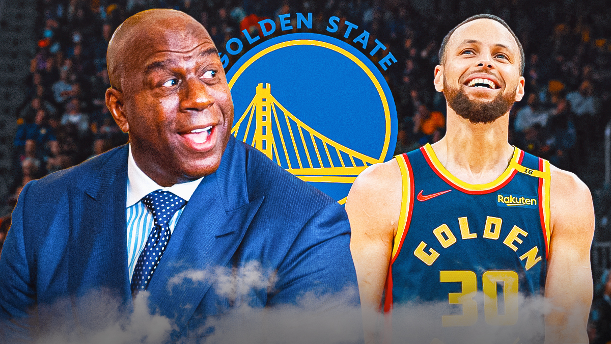 Magic Johnson and Stephen Curry, Golden State Warriors logo, clapping symbols