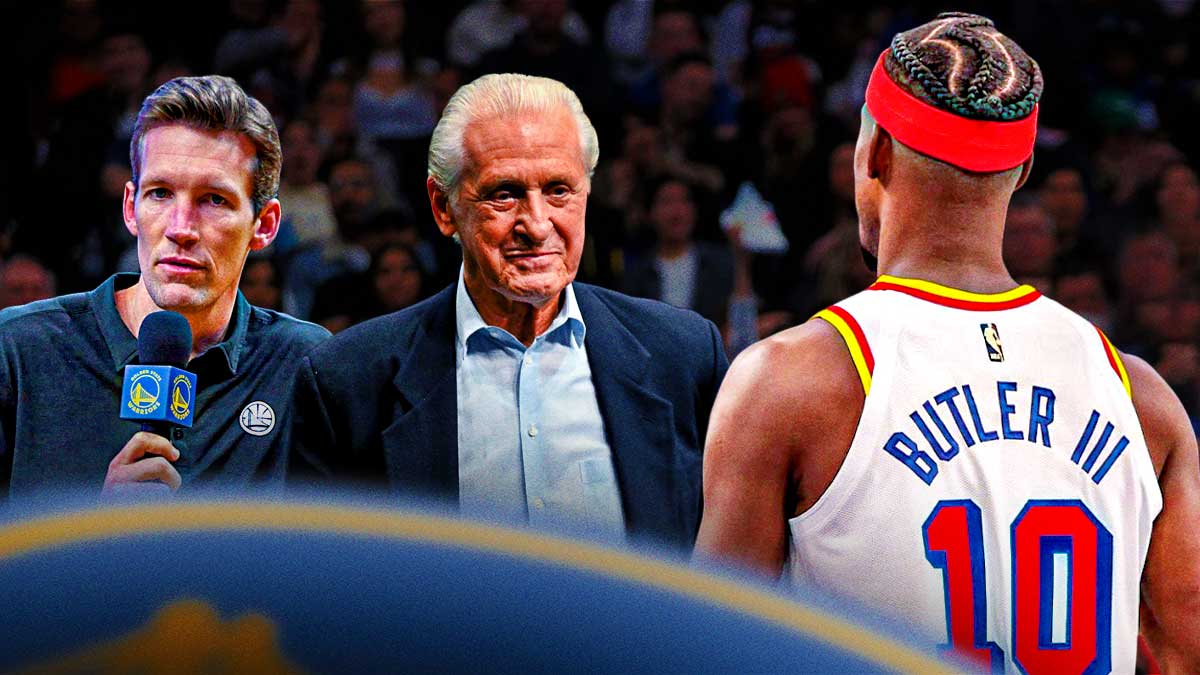 Warriors' Jimmy Butler standing with the back of his No. 10 jersey facing the front next with Mike Dunleavy on one side and Pat Riley on the other