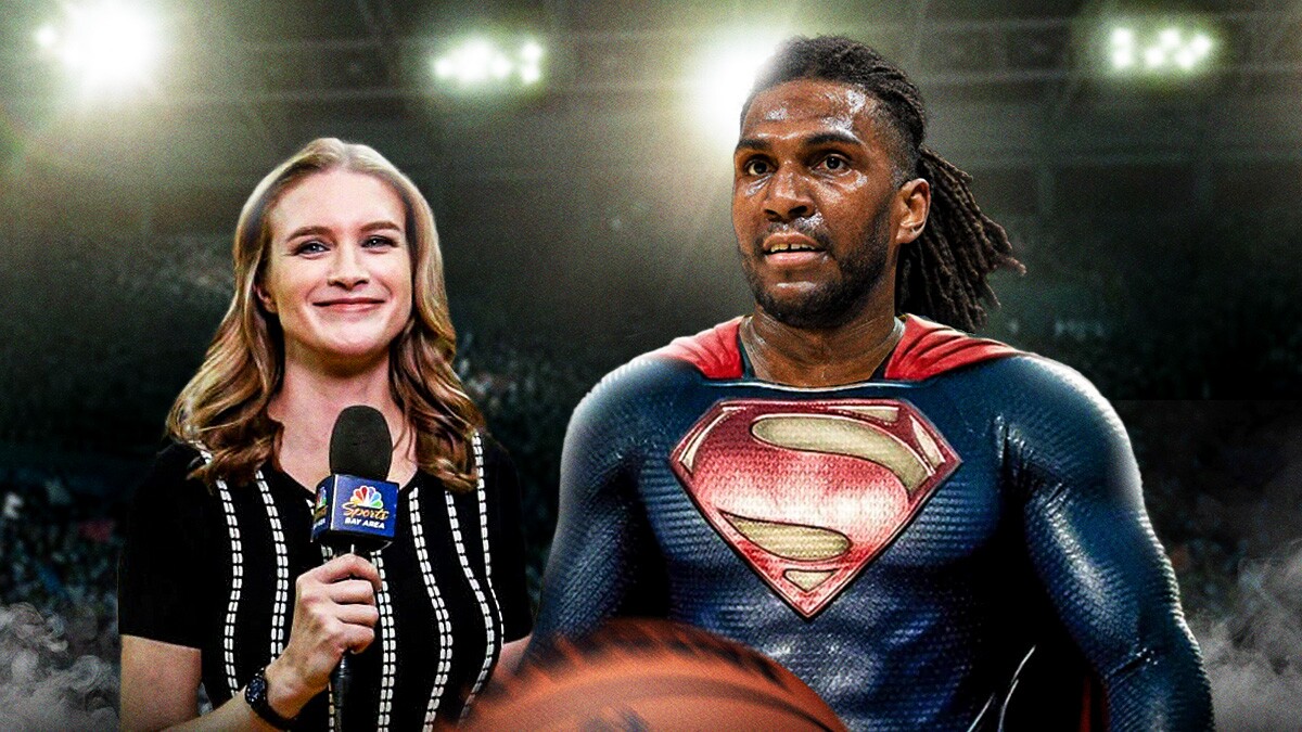 Warriors' Kevon Looney as Superman, with Kerith Burke beside him