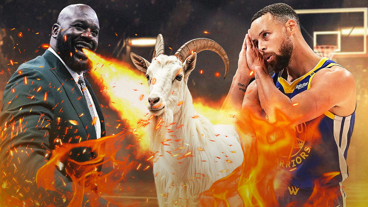 Featured Graphic idea: Image of Shaquille O'Neal (in a suit) with fire coming out of his mouth next to an image of a GOAT next to an image of Steph Curry (in a Warriors jersey) doing the "night night" celebration