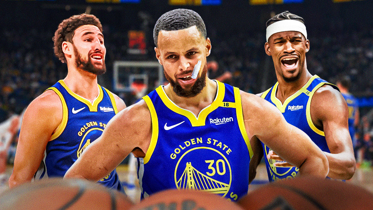 Jimmy Butler and Klay Thompson in Warriors jerseys, with Stephen A. Smith in the middle.