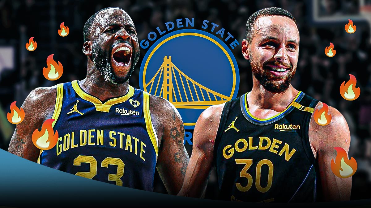 Stephen Curry and Draymond Green, Golden State Warriors logo, fire symbols