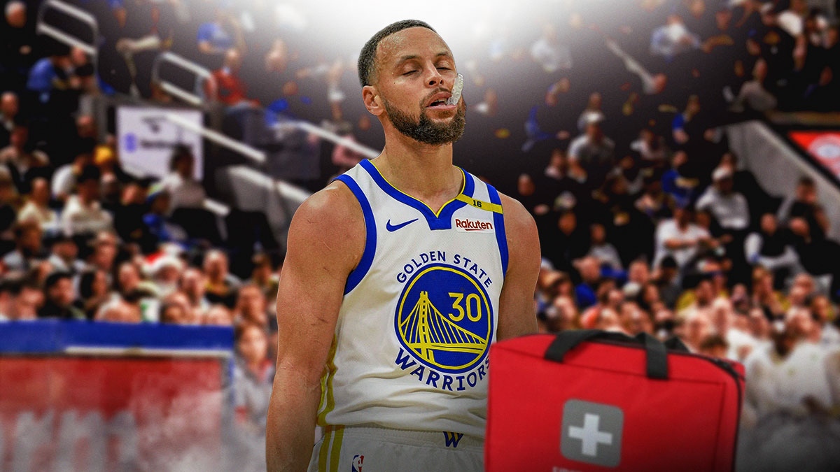 Stephen Curry, Warriors, Stephen Curry injury, Stephen Curry Warriors, Warriors Hornets, Stephen Curry in Warriors uni, injury first aid kit on graphic, Warriors arena in the background