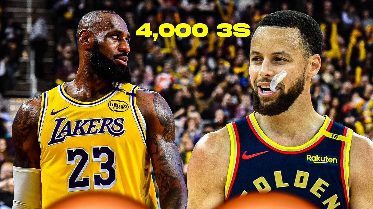 Warriors All-Star Stephen Curry next to Lakers All-Star LeBron James with the words 4,000 3s in the background