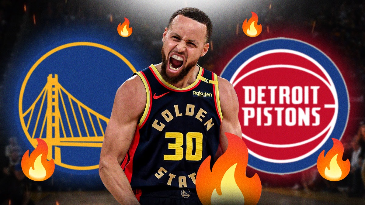 Stephen Curry, GS Warriors and Detroit Pistons logos, fire symbols