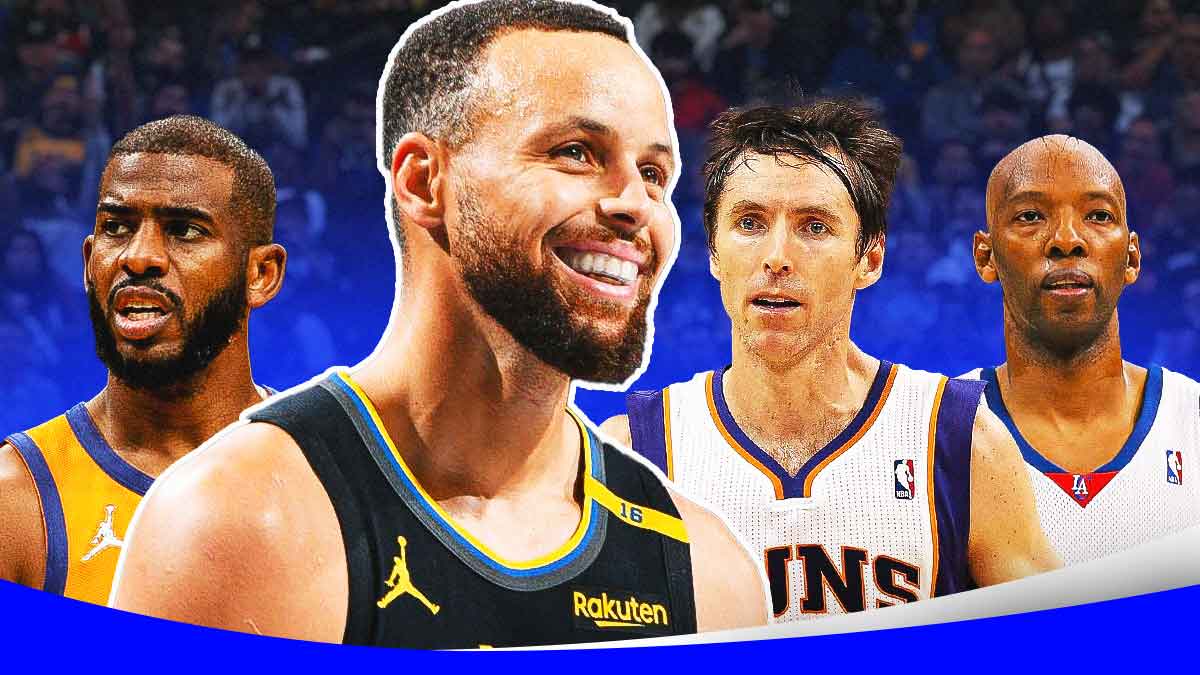 Warriors' Stephen Curry smiling, with Suns' Steve Nash (2009), Suns' Chris Paul (2021), and Clippers' Sam Cassell (2007) beside him