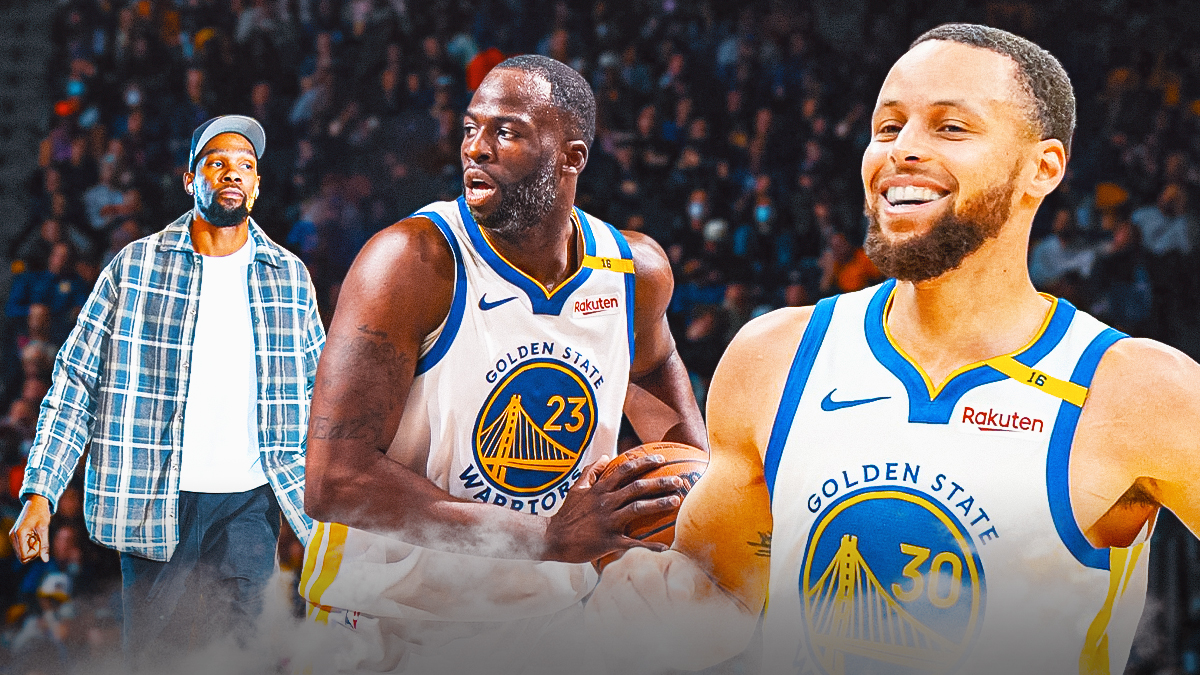 Warriors' Stephen Curry laughing, with Draymond Green holding a basketball with Kevin Durant (in casual wear) beside them