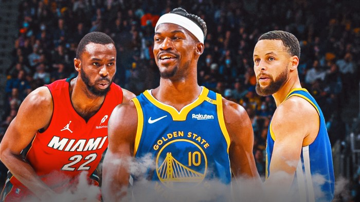 Warriors' Stephen Curry looking at a hyped up Jimmy Butler (in Warriors uniform) and Andrew Wiggins in Heat uniform