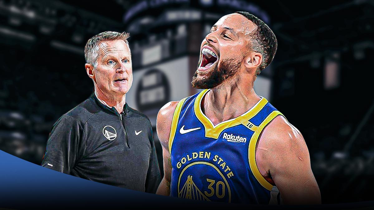 Warriors HC Steve Kerr, Stephen Curry, Nets' Barclays Center behind them
