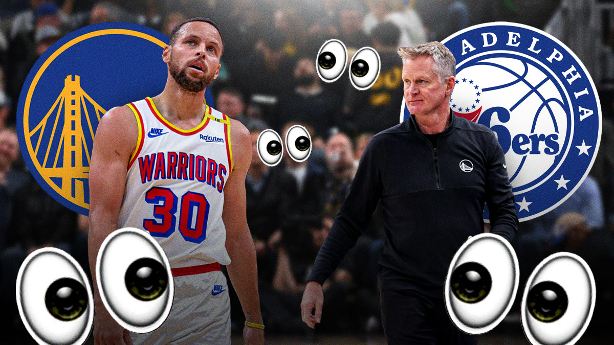 Steve Kerr, Stephen Curry, Golden State Warriors and Philadelphia 76ers logos, eyes symbols