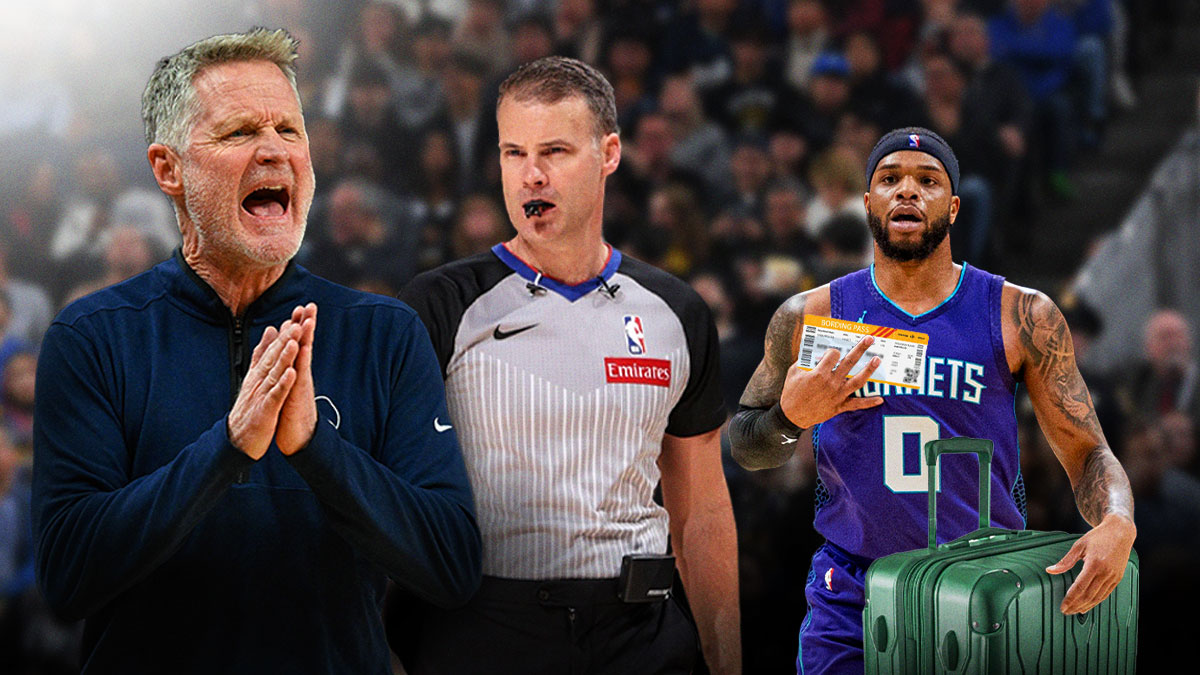 Warriors' Steve Kerr looking angry at referee Mark Lindsay, with Hornets' Miles Bridges holding a luggage and a flight boarding pass