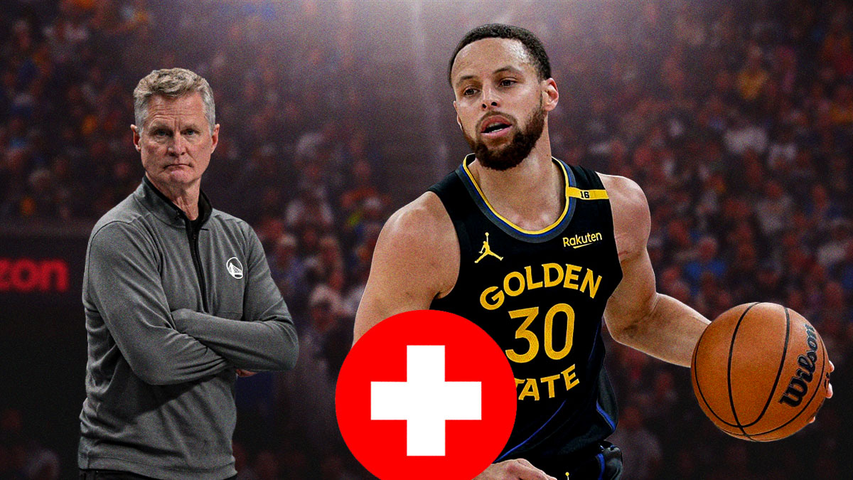 Warriors head coach Steve Kerr next to Warriors All-Star Stephen Curry with the health logo in the background
