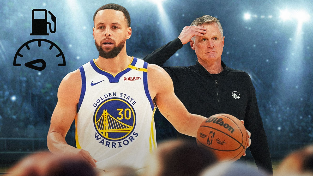 Warriors' Steve Kerr and Stephen Curry looking serious, with fuel gauge on empty beside Curry