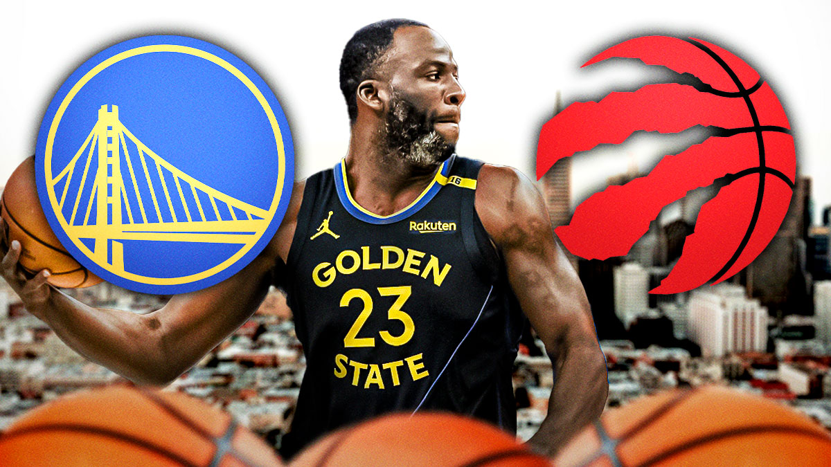 Warriors forward Draymond Green next to the Warriors and Raptors logos with the San Francisco skyline in the background