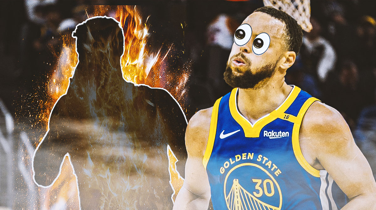 Warriors' Stephen Curry looking at a player silhouette in flames