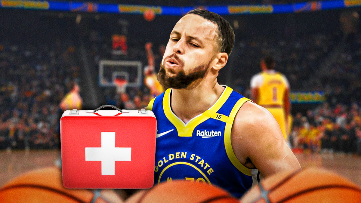 PHoto: Stephen Curry in action in Warriors jersey with medical kit beside hm